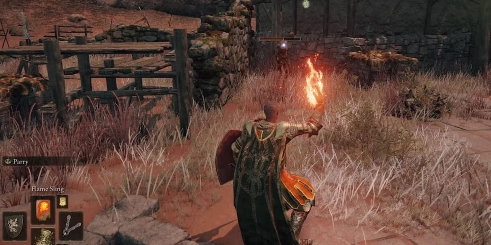 The Tarnished uses Flame Sling in Elden Ring.