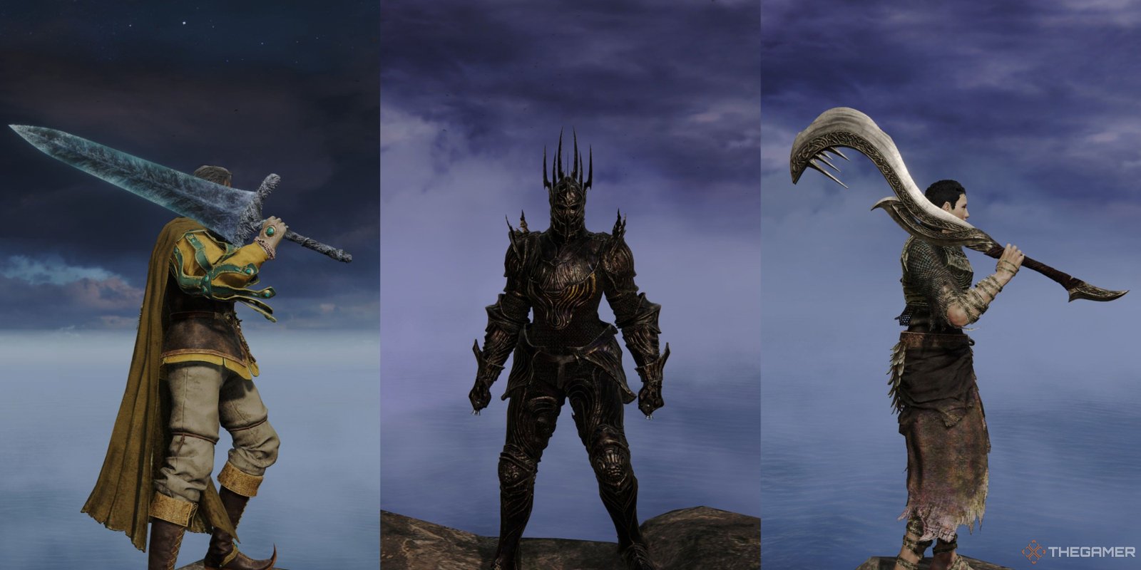 A collage including the Dark Moon Greatsword, the Chilling Perfume Bottle, and the Zamor Curved Sword in Elden Ring.