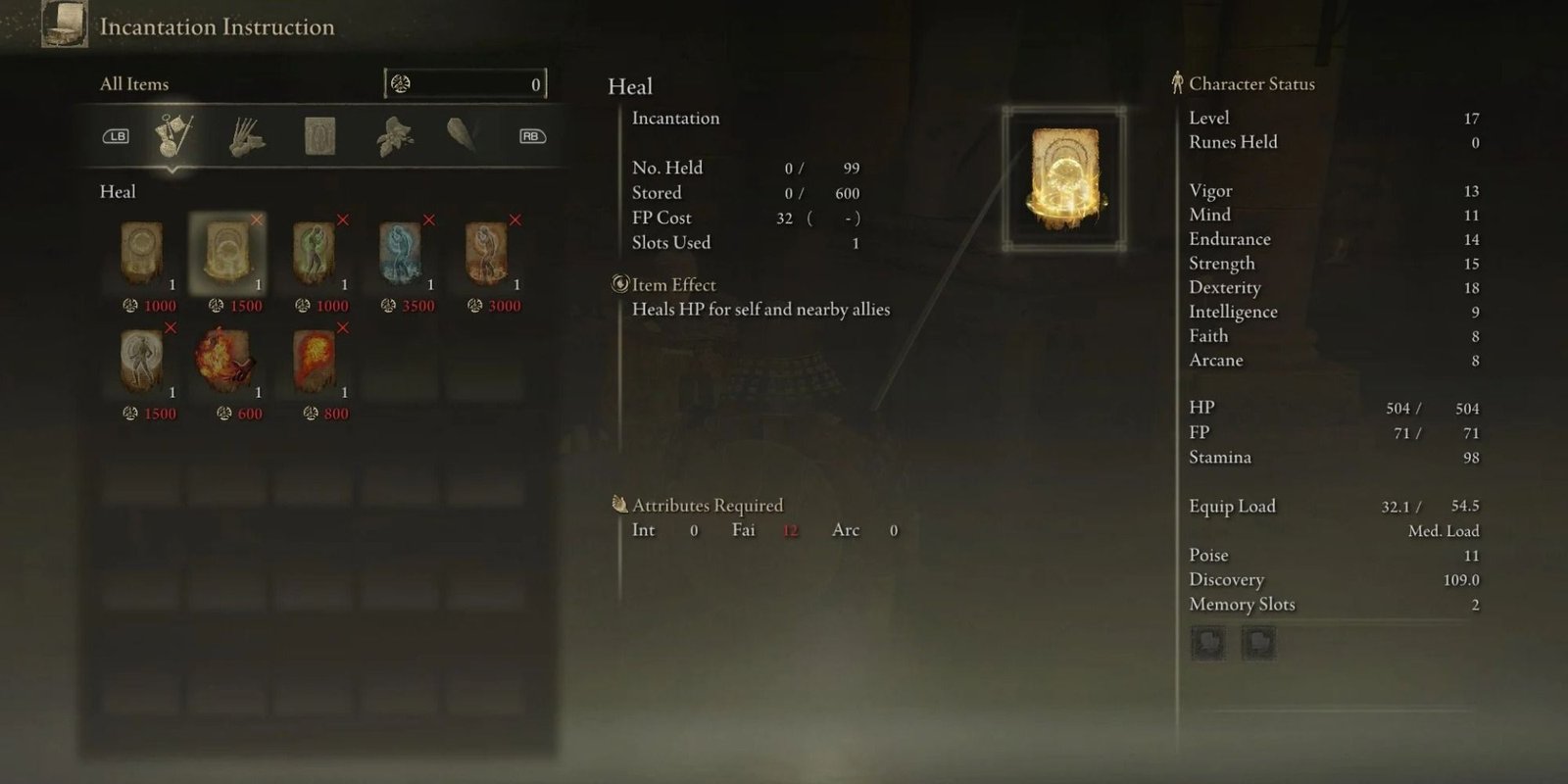 Heal's stats in Elden Ring's inventory menu.