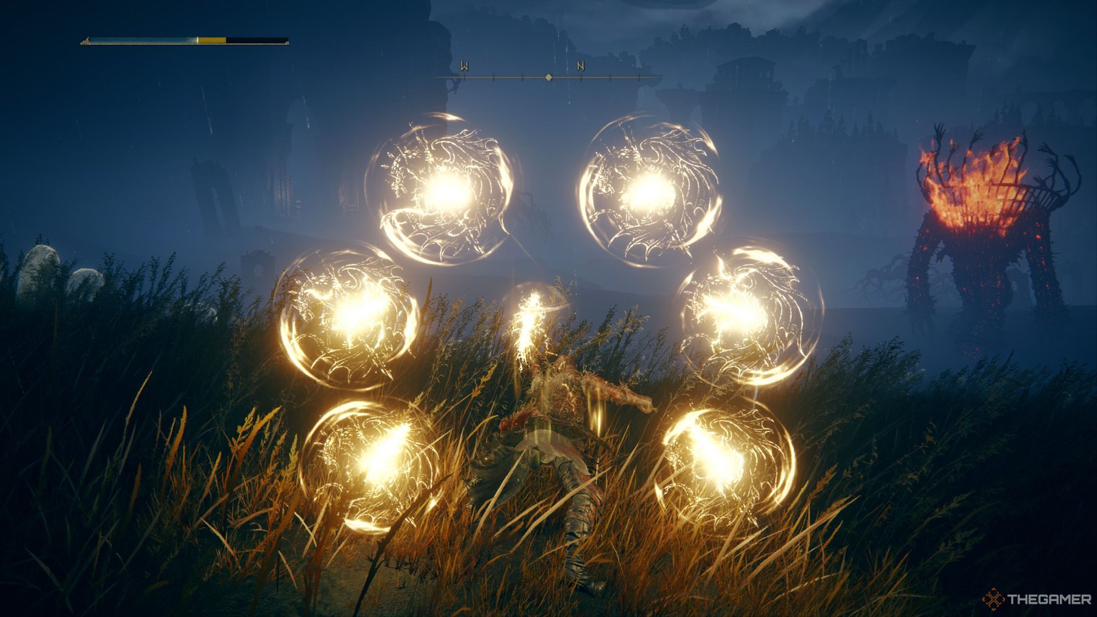 The Tarnished uses Knight's Lightning Spear in Elden Ring:Shadow Of The Erdtree.