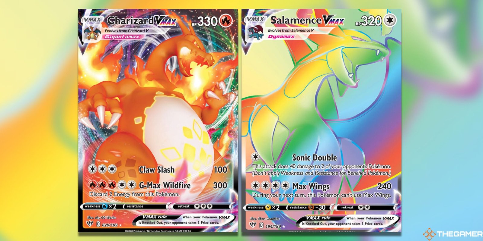 The Charizard VMAX and Salamence VMAX from Darkness Ablaze in the Pokemon TCG.
