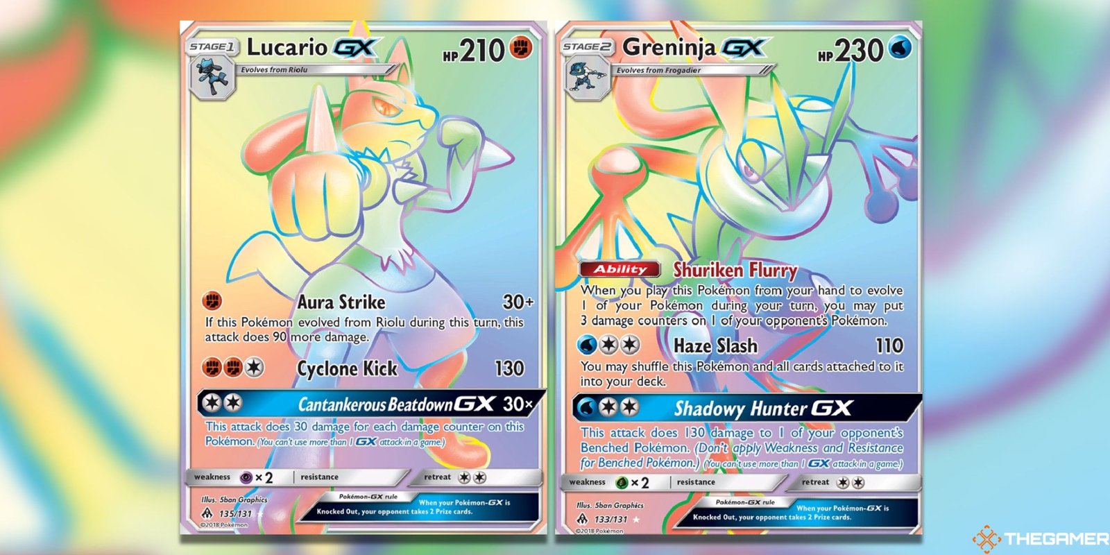 The Lucario GX and Greninja GX Rainbow Secret Rares from Forbidden Light in the Pokemon TCG.