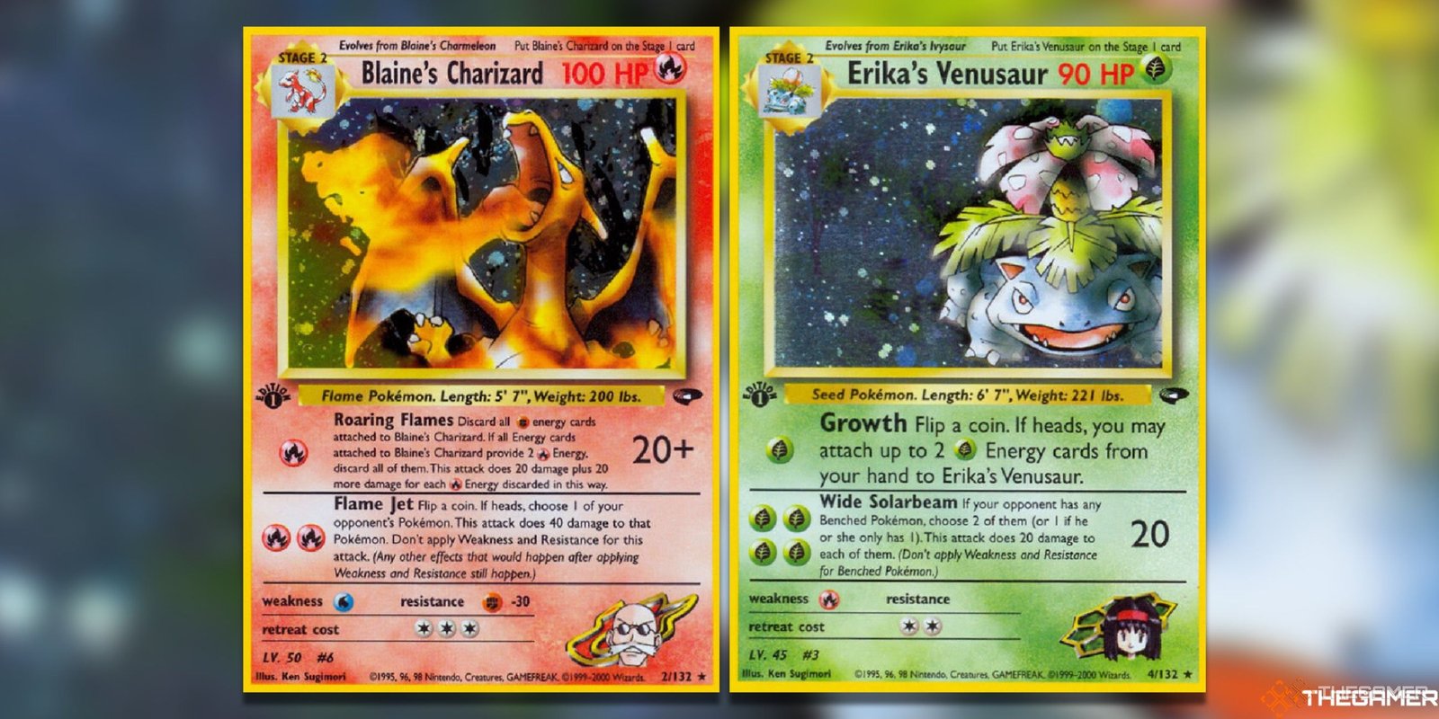 Blaine's Charizard and Erika's Venusaur from Gym Challenge in the Pokemon TCG.