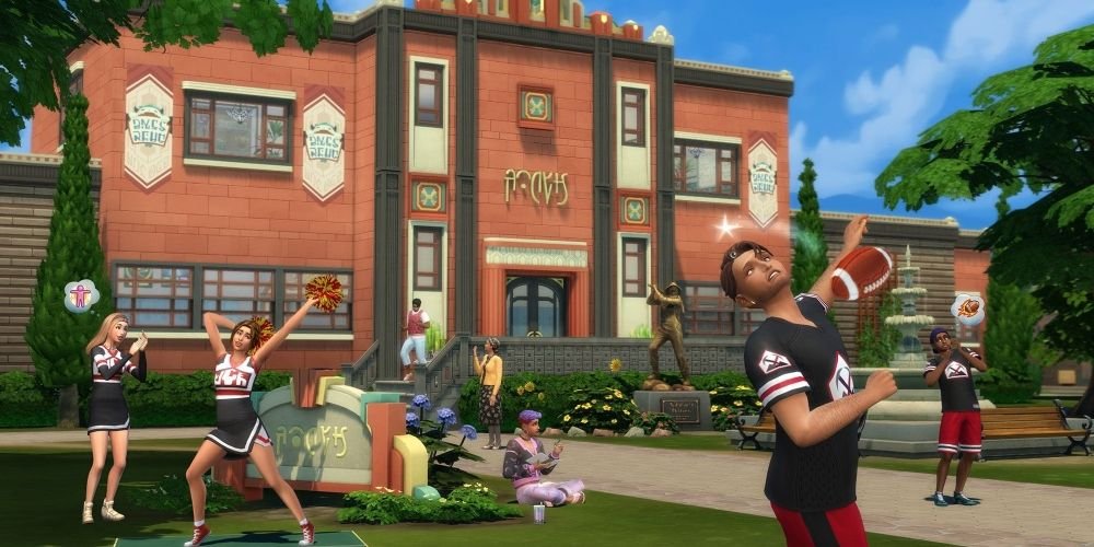 Teen students in front of a school cheerleading, playing football, and sitting on the grass