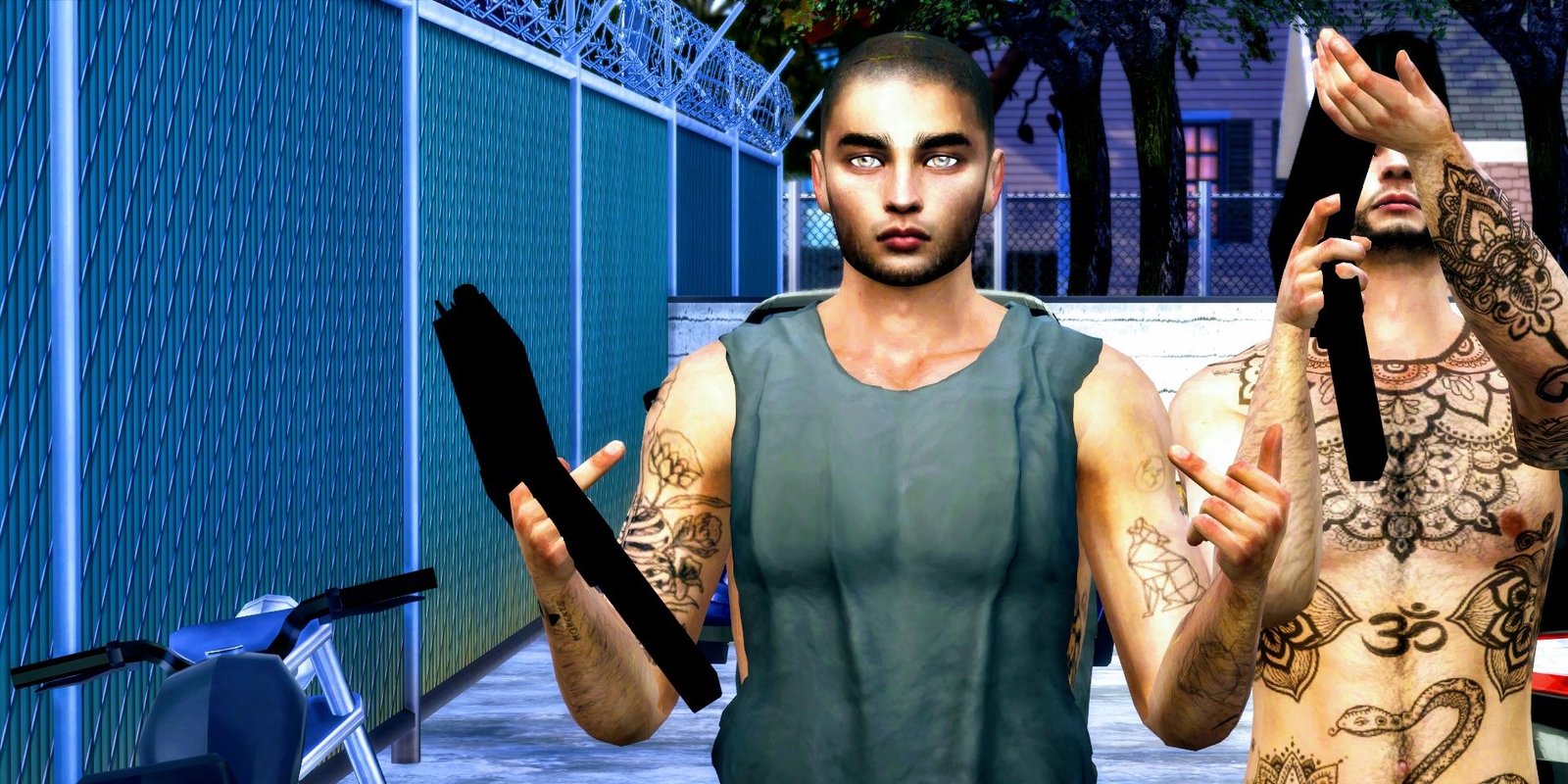 Two Sims from The Sims 4 holding up guns, with one of them looking at the viewer and holding up two middle fingers