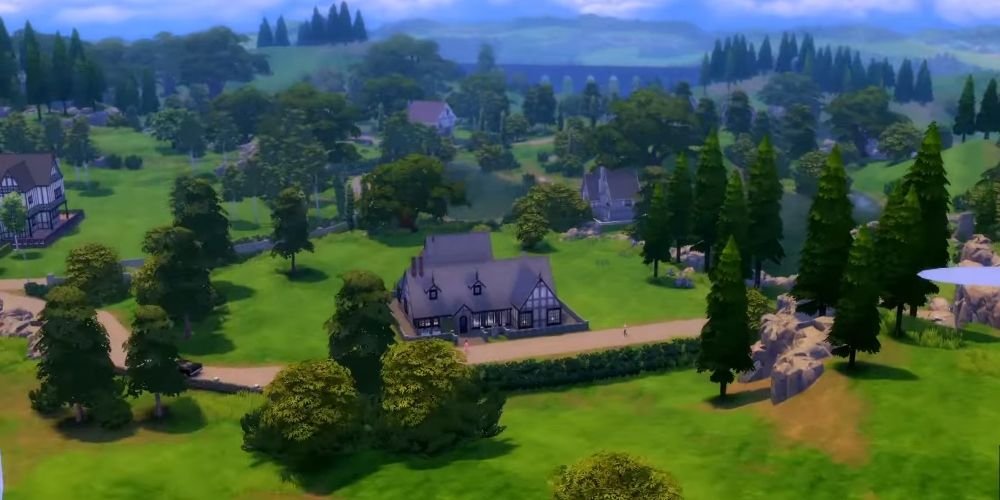 Zoomed out view of a house surrounded by trees, rocks, and paths