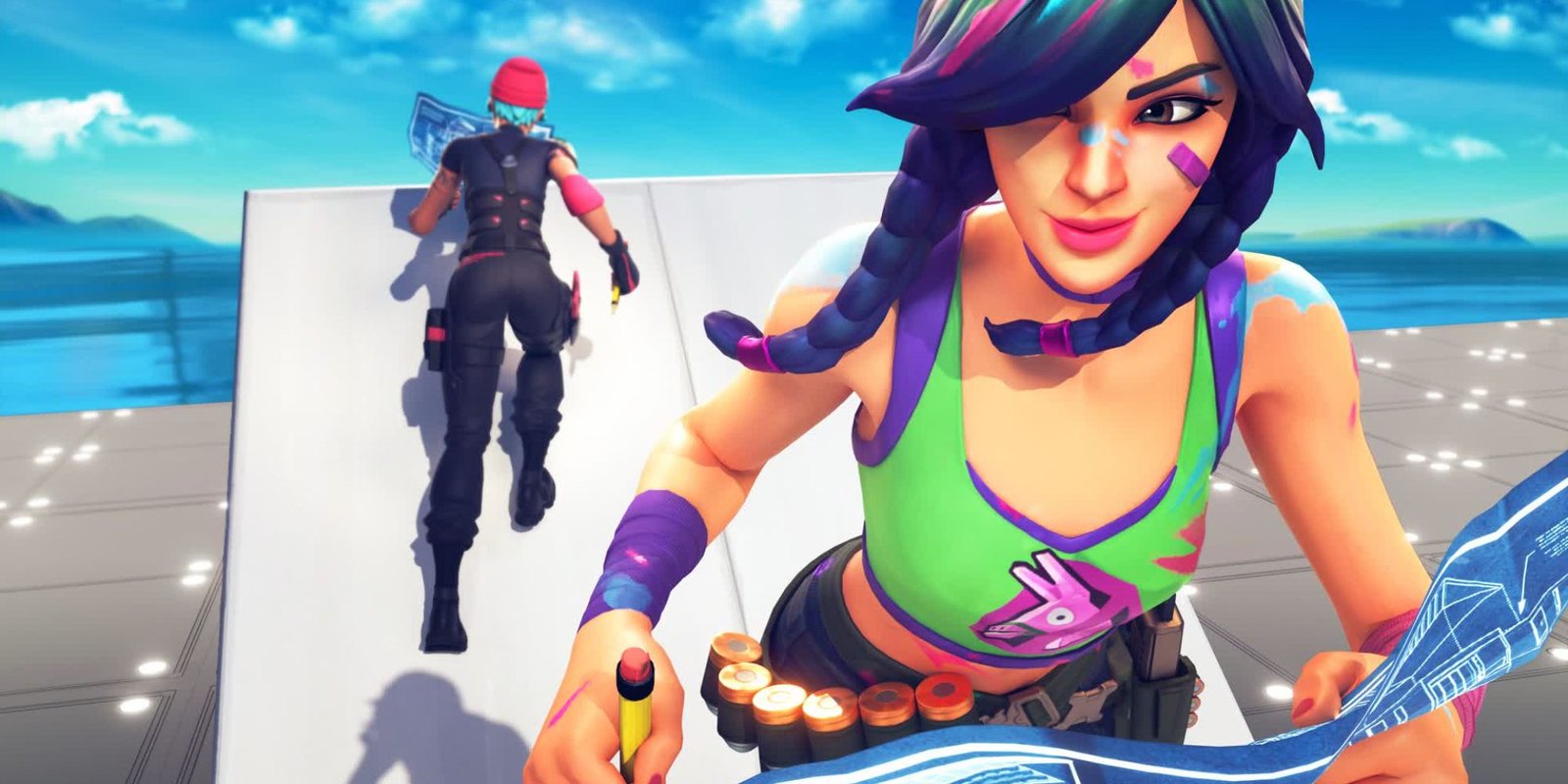 An image from Fortnite of the 1v1 Build Fights Creator Map, where two characters run in opposite directions to begin their build battle. 