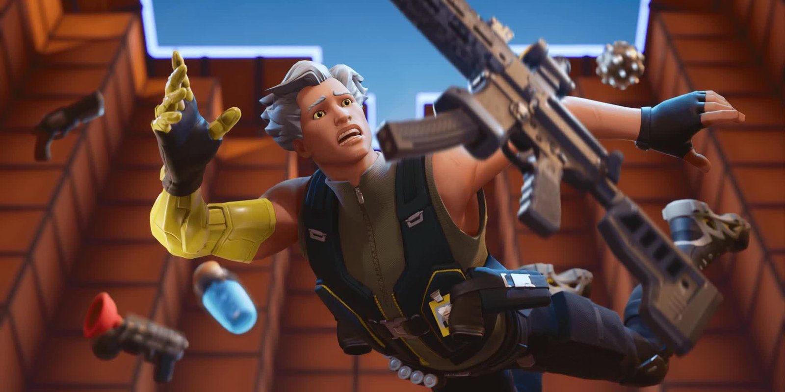 An image from Fortnite of The Pit Free For All Creator Map. This map allows you to collect weapons then hop down a pit into a battleground. 
