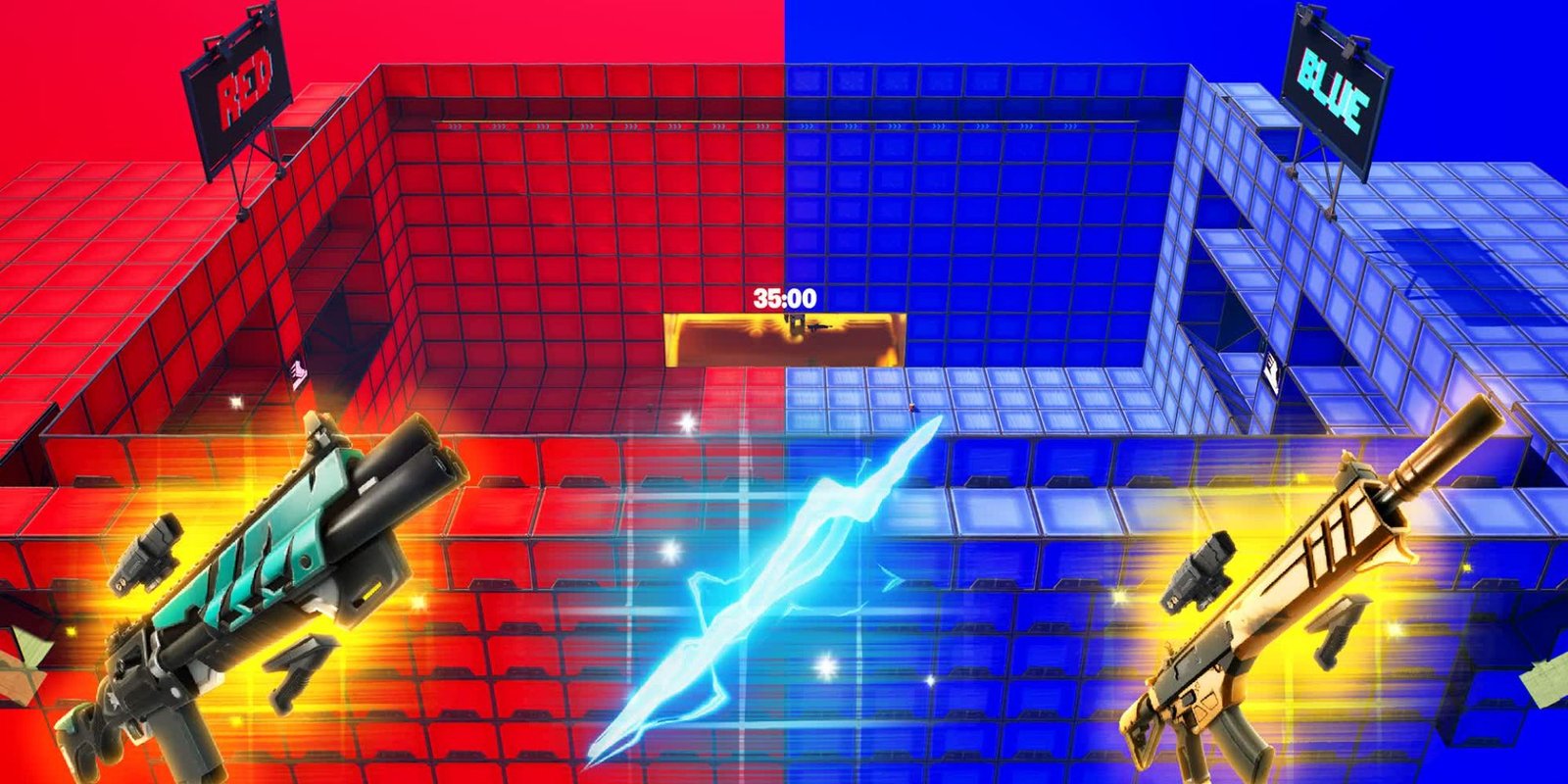 An image from Fortnite of the Crazyy Red Vs Blue Creator Map. This map allows you to wield powerful weapons on either the red or blue team and battle for dominance. 