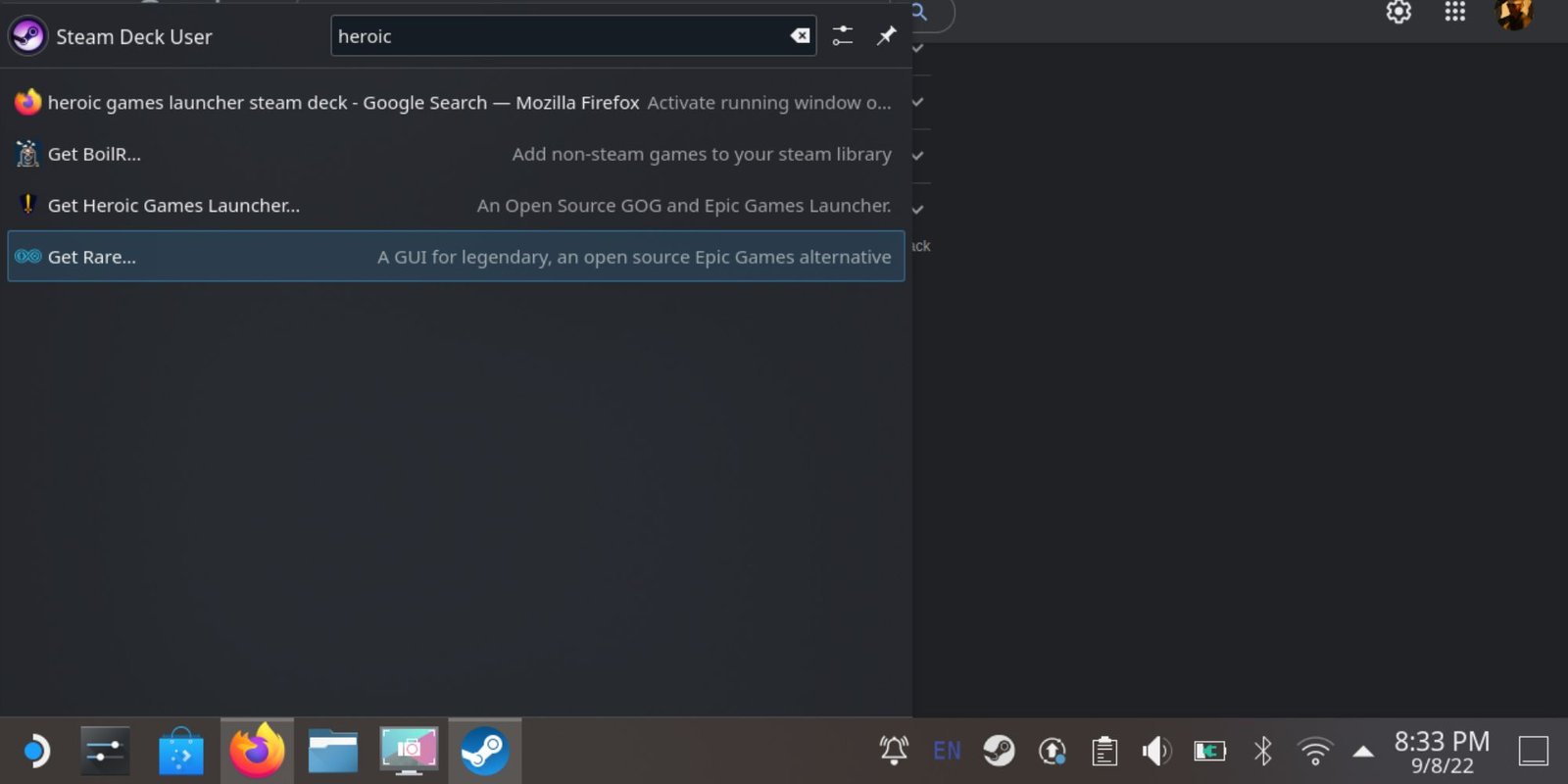 Steam Deck desktop linux start menu