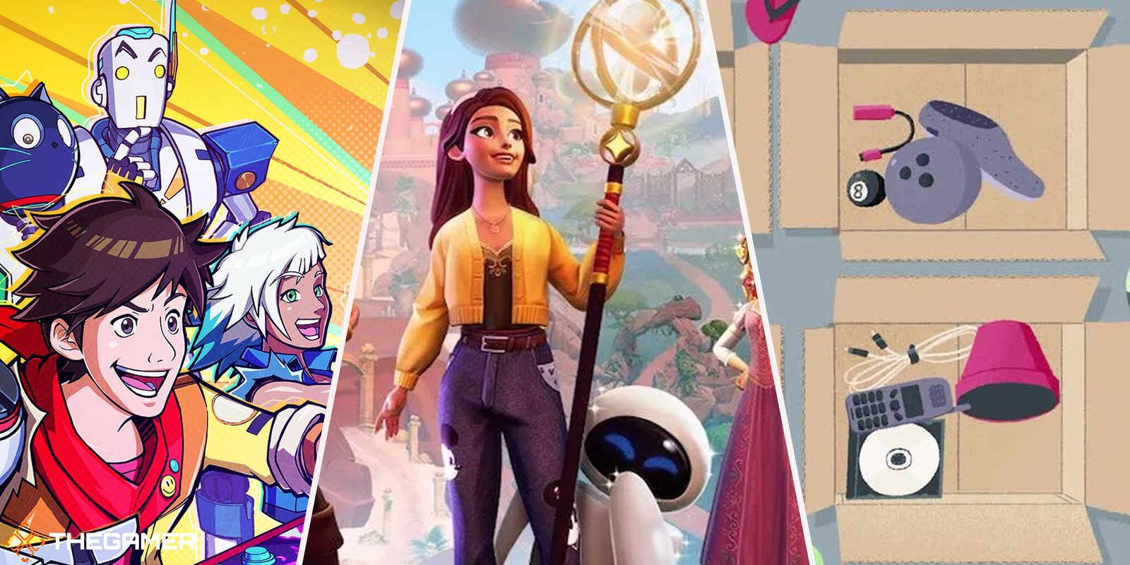 Split image of three games - Hi-Fi Rush, Disney Dreamlight Valley, a Little to the Left