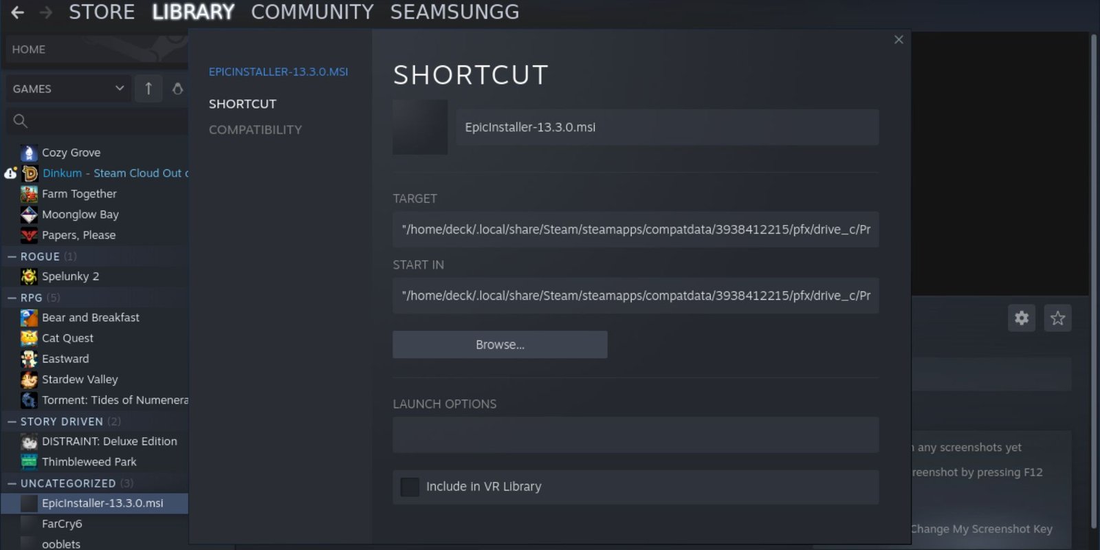 Steam Deck desktop steam application game shortcut menu