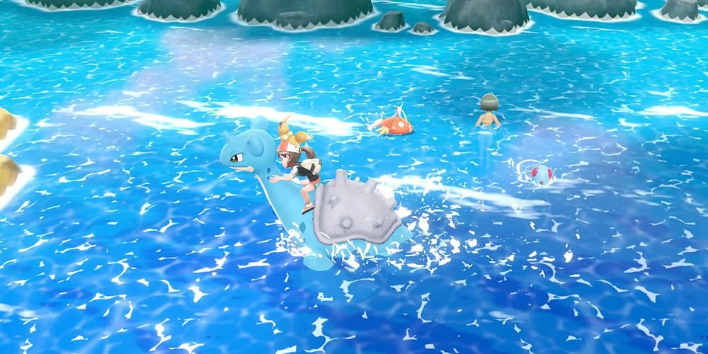 Pokemon Let's Go Eevee Trainer Rides A Laprus In The Sea