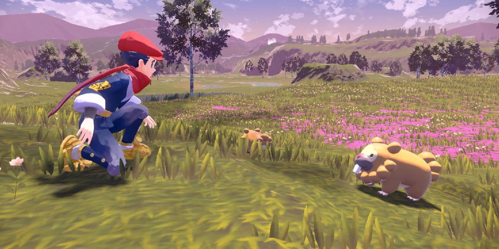 Rei crouching next to a Bibarel in the open world in Pokemon Legends:Arceus
