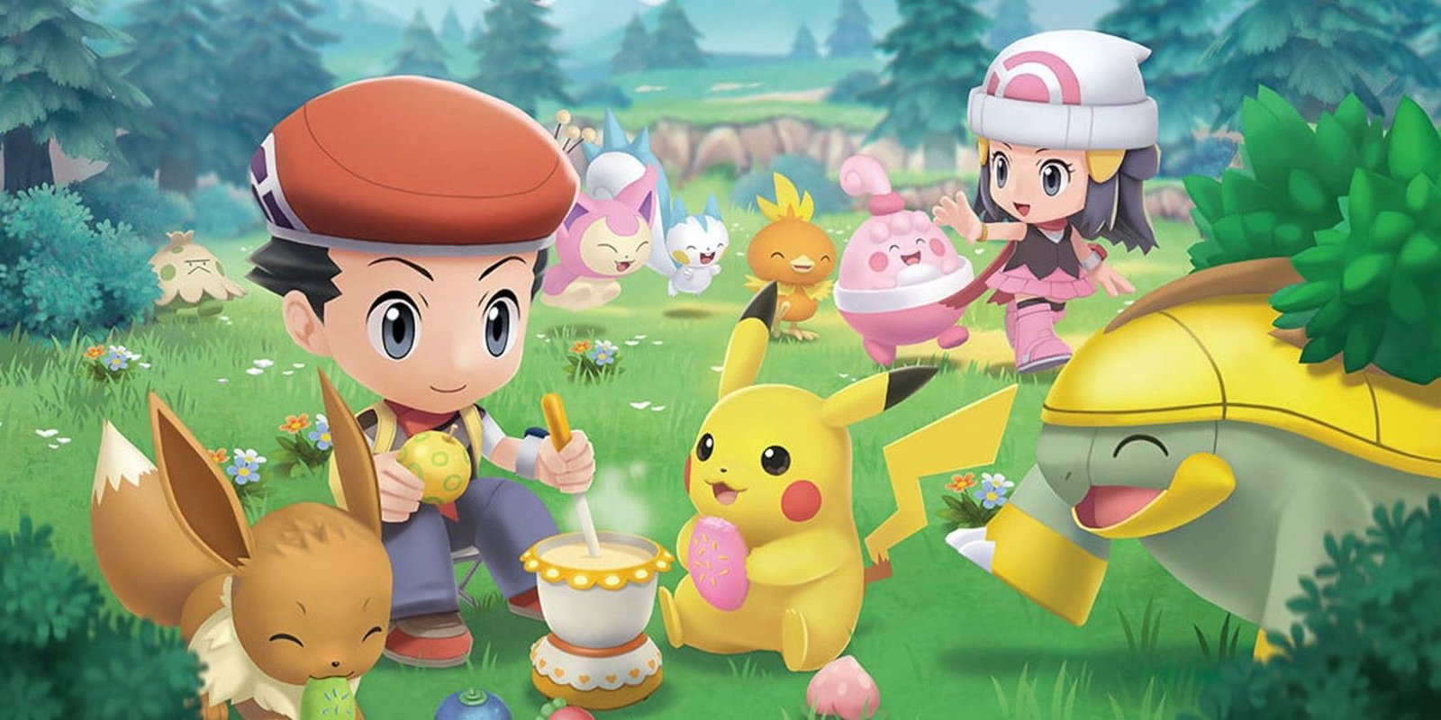 Dawn and Lucas with Pokemon in a field in a promo image for Pokemon Brilliant Diamond and Shining Pearl.