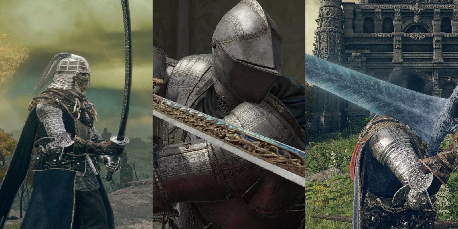 A split image of the Tarnished wielding Moonveil, Sword of Night and Flame, and The Dark Moon Greatsword.
