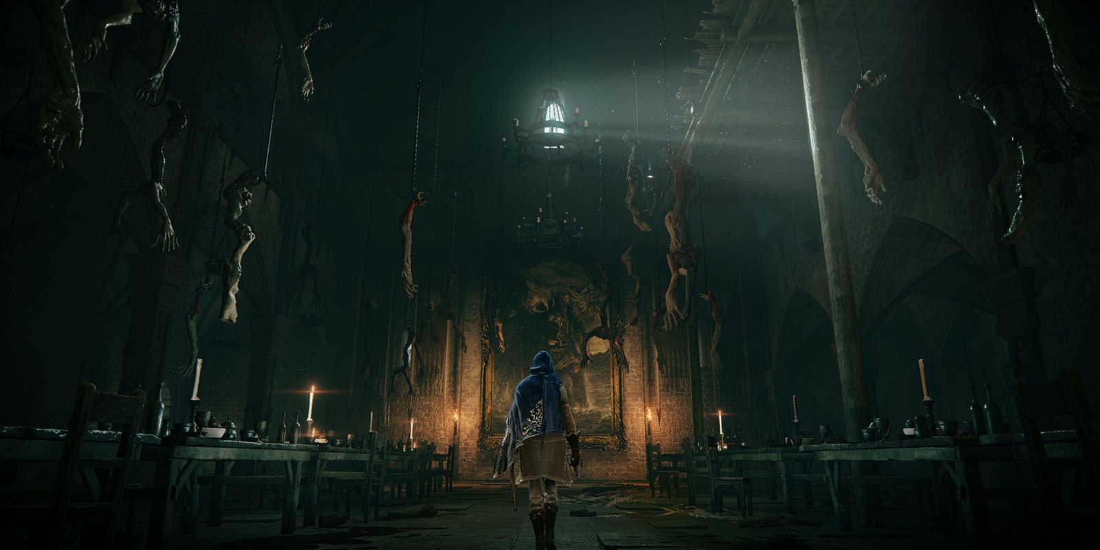 tarnished in elden ring walking through a hall with bodies hanging from the ceiling
