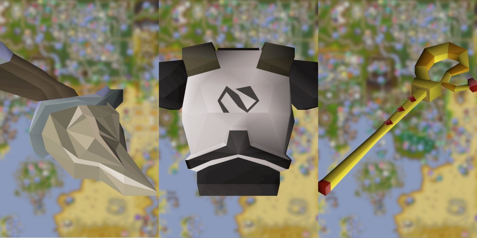 Split images of BoneCrusher, Elite Void Top, and Pharaoh's Sceptre in Old School RuneScape.