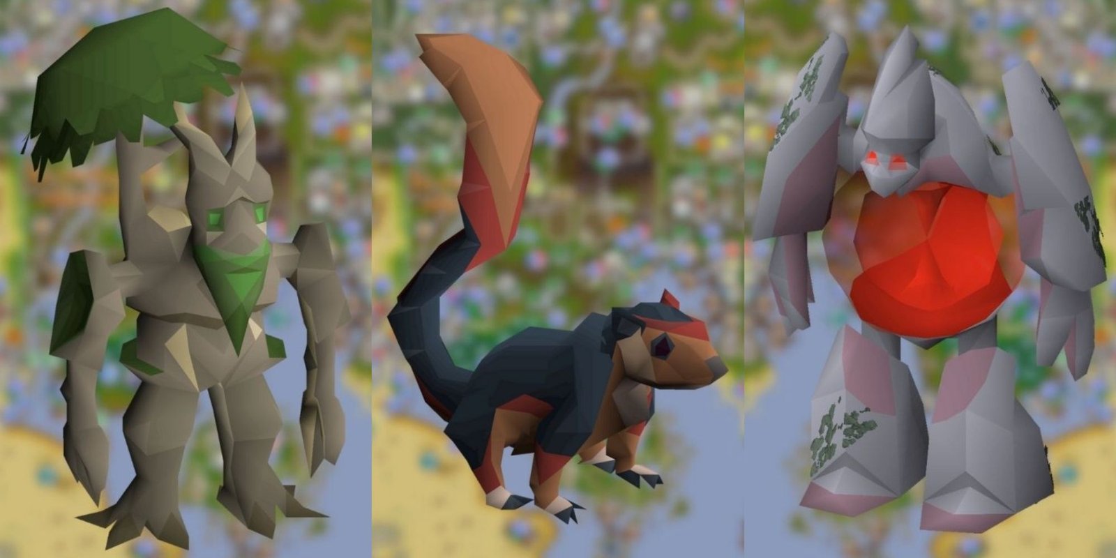 OldSchool RuneScape pets Herbi, Giant Squirrel and Rocky in front of the world map. 