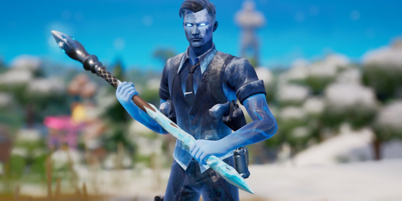 An image of the Frostbite Cane in Fortnite. This pickaxe is a frozen cane made of wood, metal, and ice.