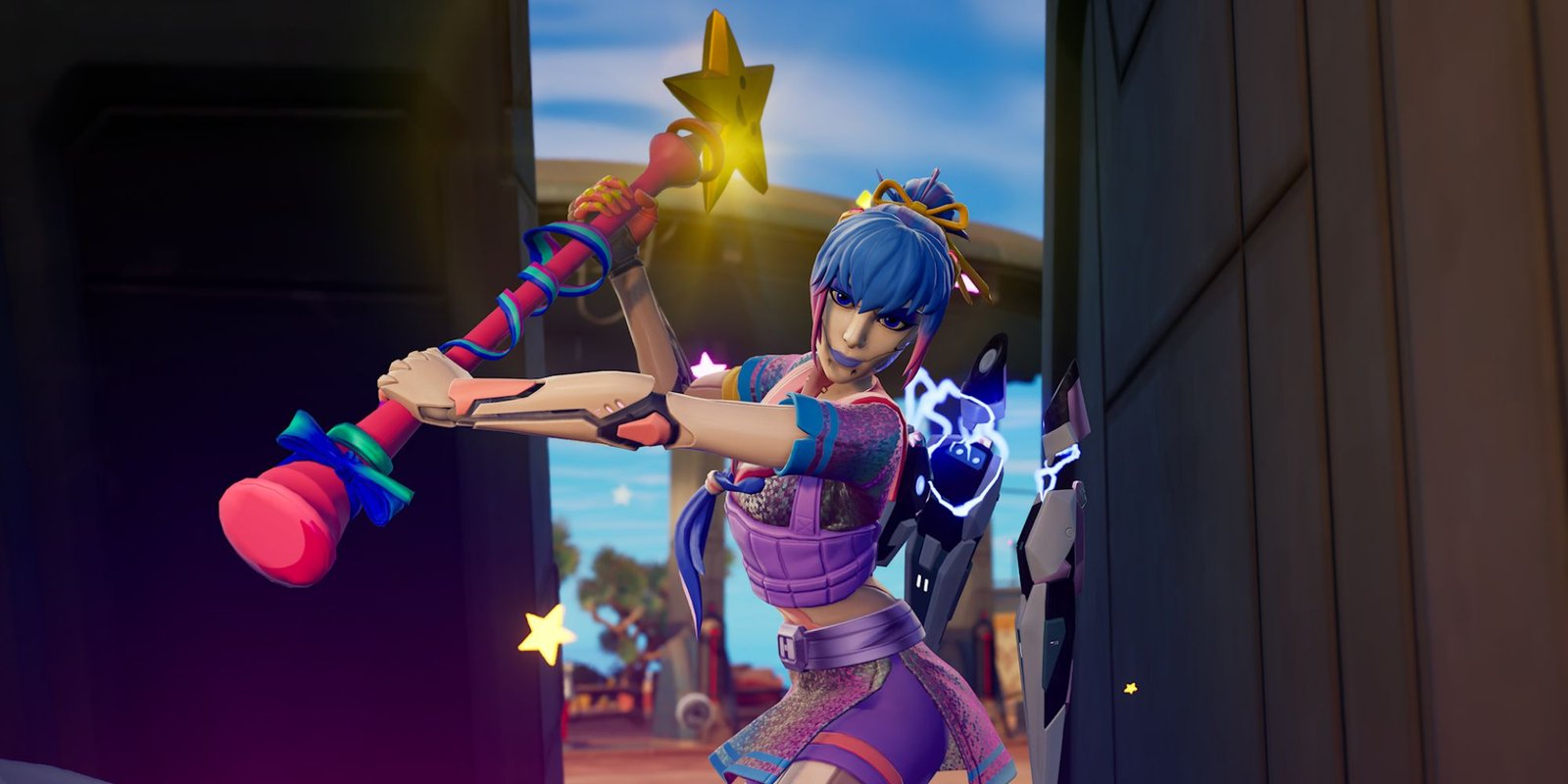 An image of the Star Wand in Fortnite. This pink wand has a golden star at the top, that plays cute sound effects when you damage terrain.