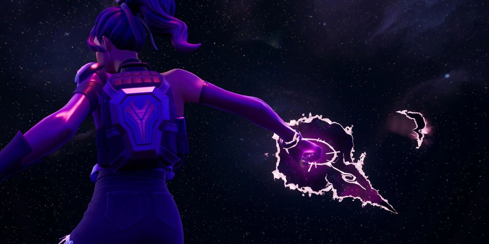 An image of the Axe-tral Form in Fortnite. This pickaxe was created by Raven's magic from teen titans, and is made up of dark purple energy.