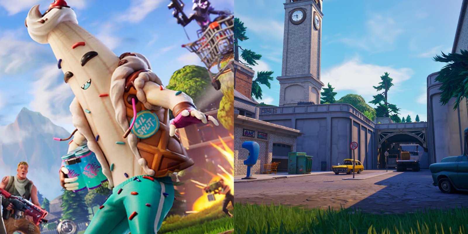 Split images of a banana Fortnite character and a POI in Fortnite