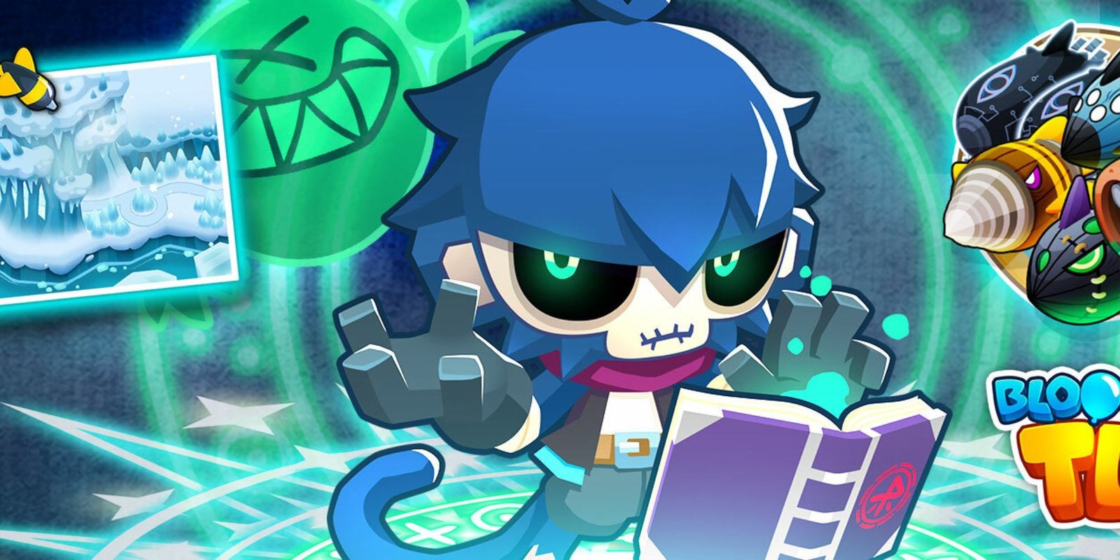 A magical monkey with a purple spell book, bright cyan pupils, and thick, dark blue fur.