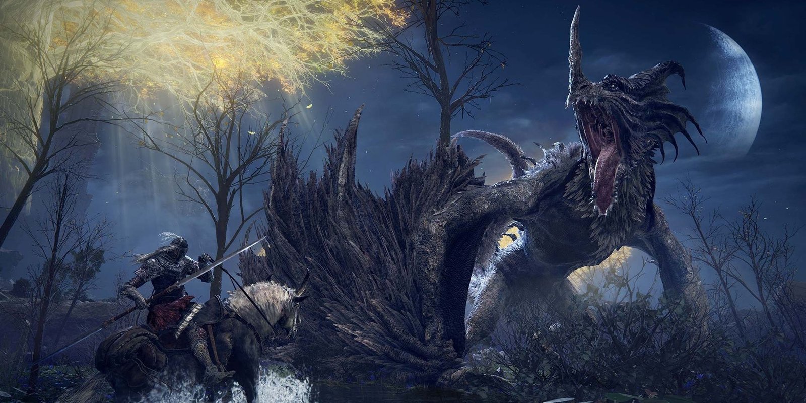 Elden-Ring Tarnished with Twinblade fighting dragon boss.