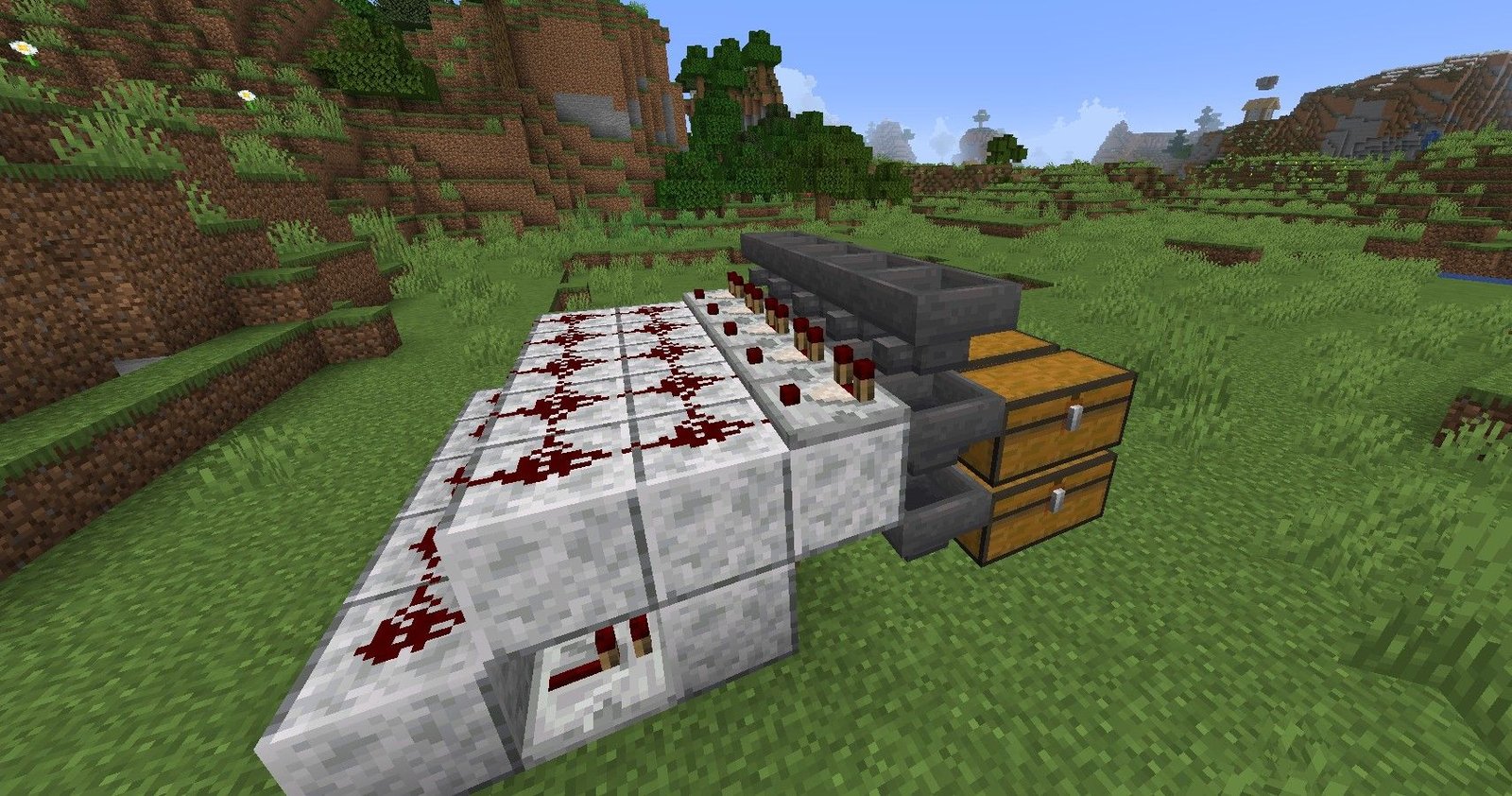 The process of building a Minecraft auto-sorter, with redstone dust being placed. 