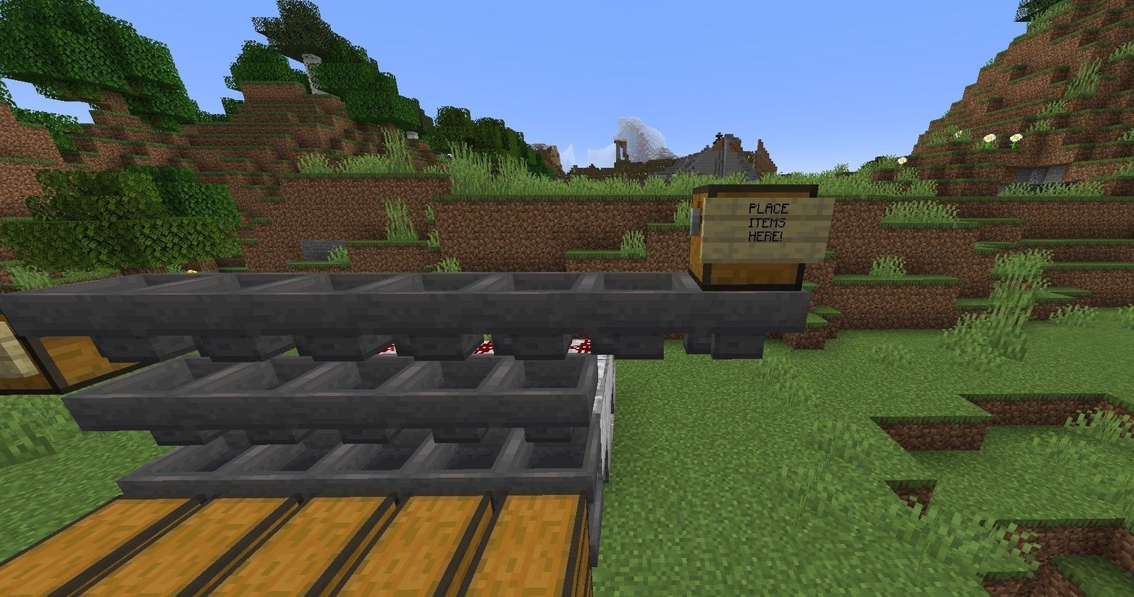 A completed auto-sorter in Minecraft, showing the chests at the top. 