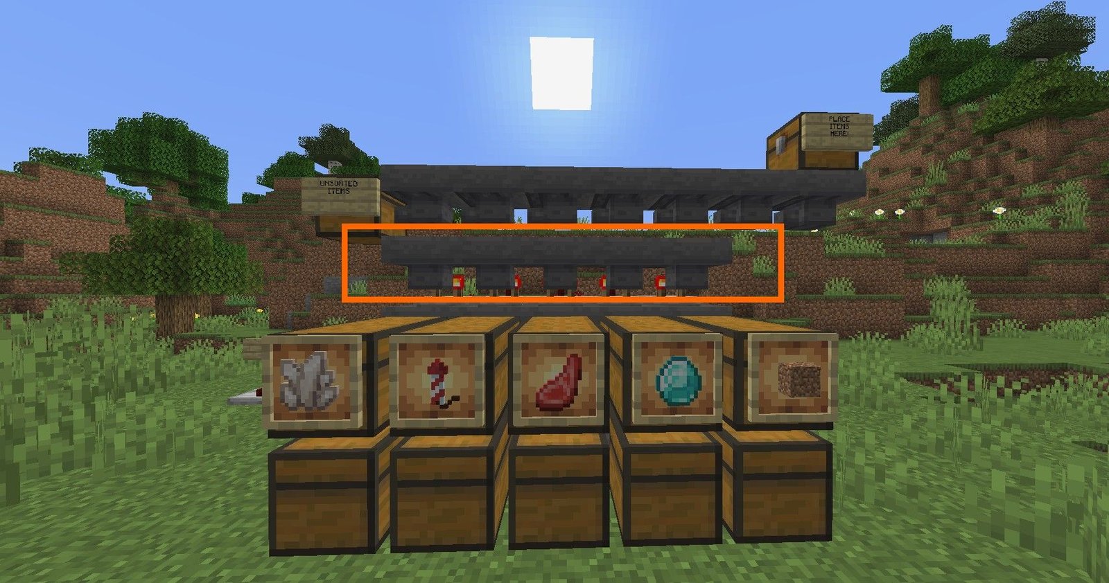 A Minecraft auto-sorter, with a row of five hoppers highlighted with an orange box. 