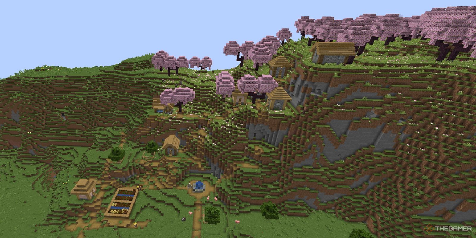 minecraft cherry grove with nearby village