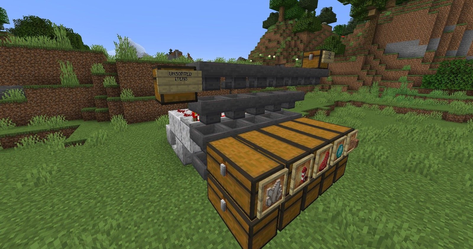 The front view of a completed auto-sorter in Minecraft.