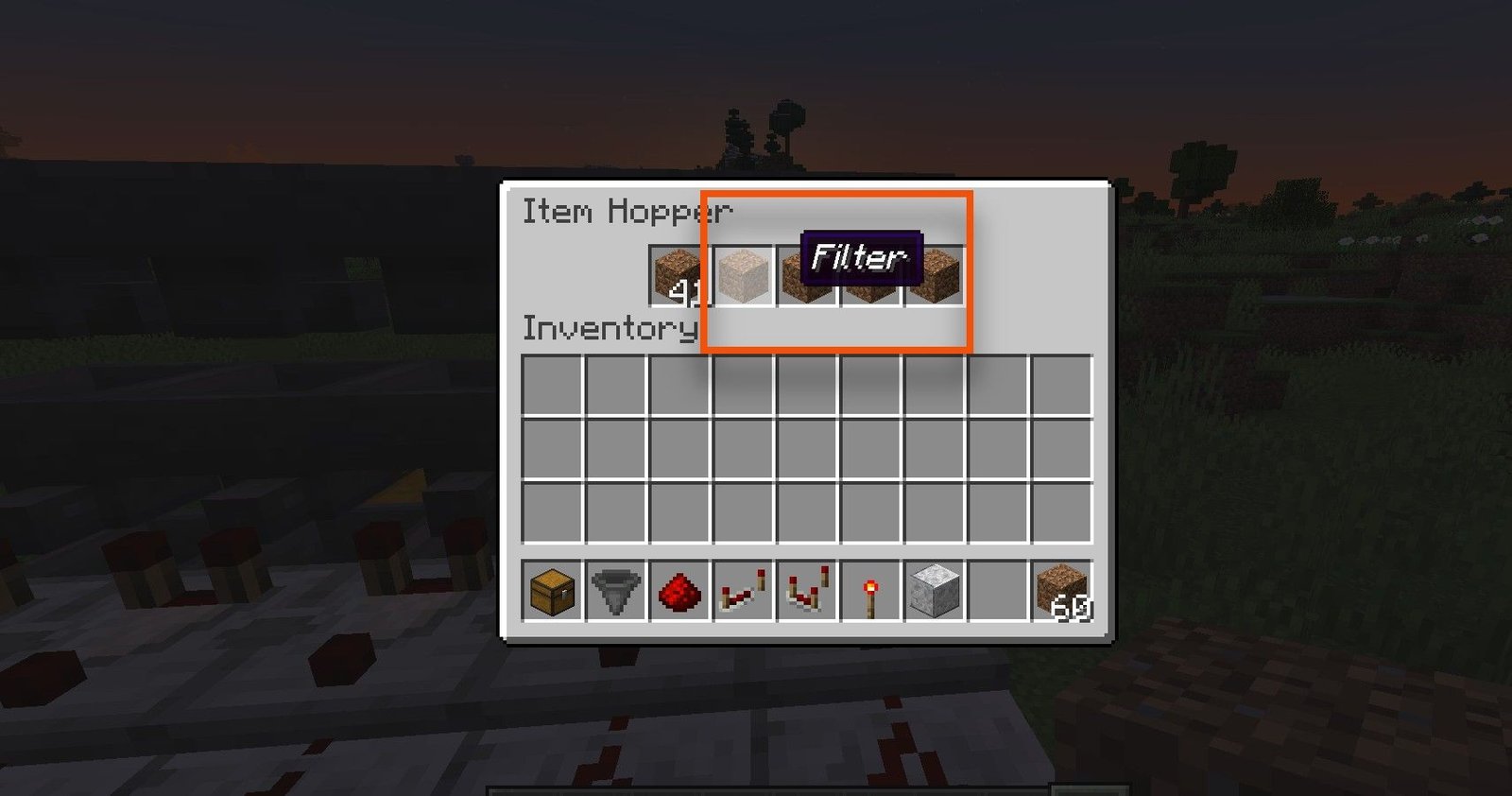 A hopper menu with items filtering for a Minecraft Auto-Sorter.