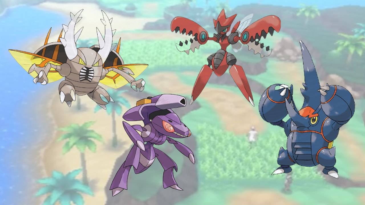 The strongest bug-type pokemon, mega heracross, mega scizor, mega heracross, and genesect, overlaid on a background of the alola region.