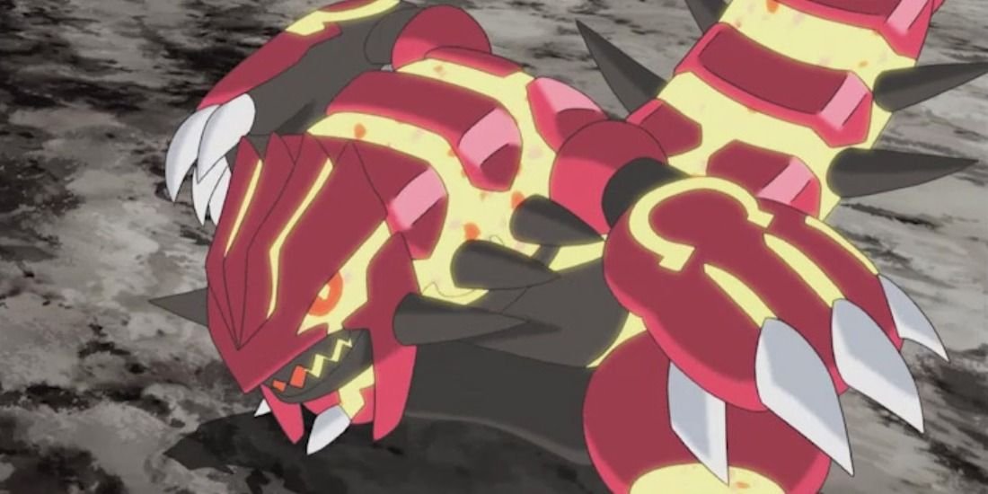 Primal Groudon standing on a rock ready to fight the Pokemon anime.