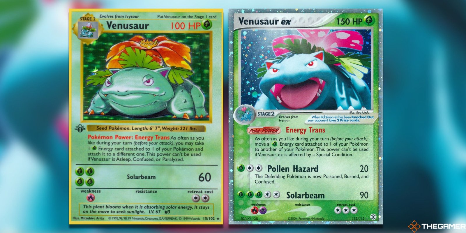 The first edition base set Holo Venusaur and FireRed & LeafGreen Ultra Rare from the Pokemon TCG.