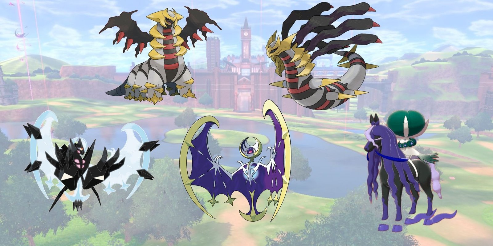 The strongest ghost type pokemon - giratina altered form, giratina origin form, dawn wings necrozma, lunala, and shadow rider calyrex, overlaid on an image of the galar wild area from Sword & Shield.