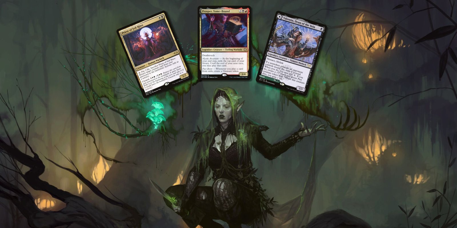MTG card art for Marshland Bloodcaster with card images for prosper, tome-bound, Priest of fell rites, and valentin, dean of the vein above her