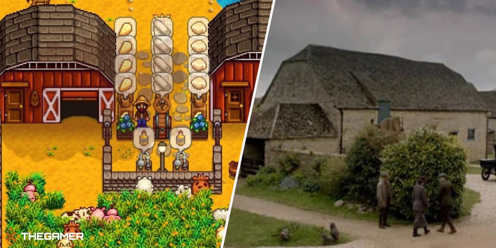 Stardew Valley barn on left, Yew Tree Farm from Downton Abbey on right