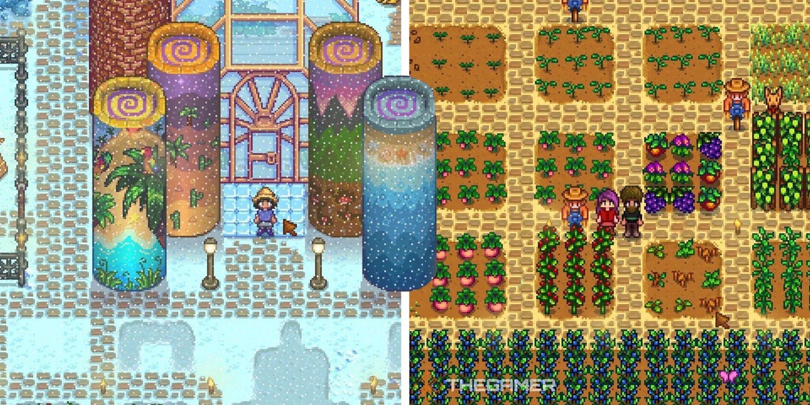 Split image of Stardew Valley featuring a fully built out farm complete with large statues and well organized crops