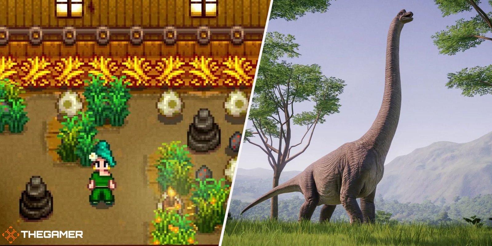 Stardew Valley dinosaurs (left), Jurassic Park dinosaur (right)