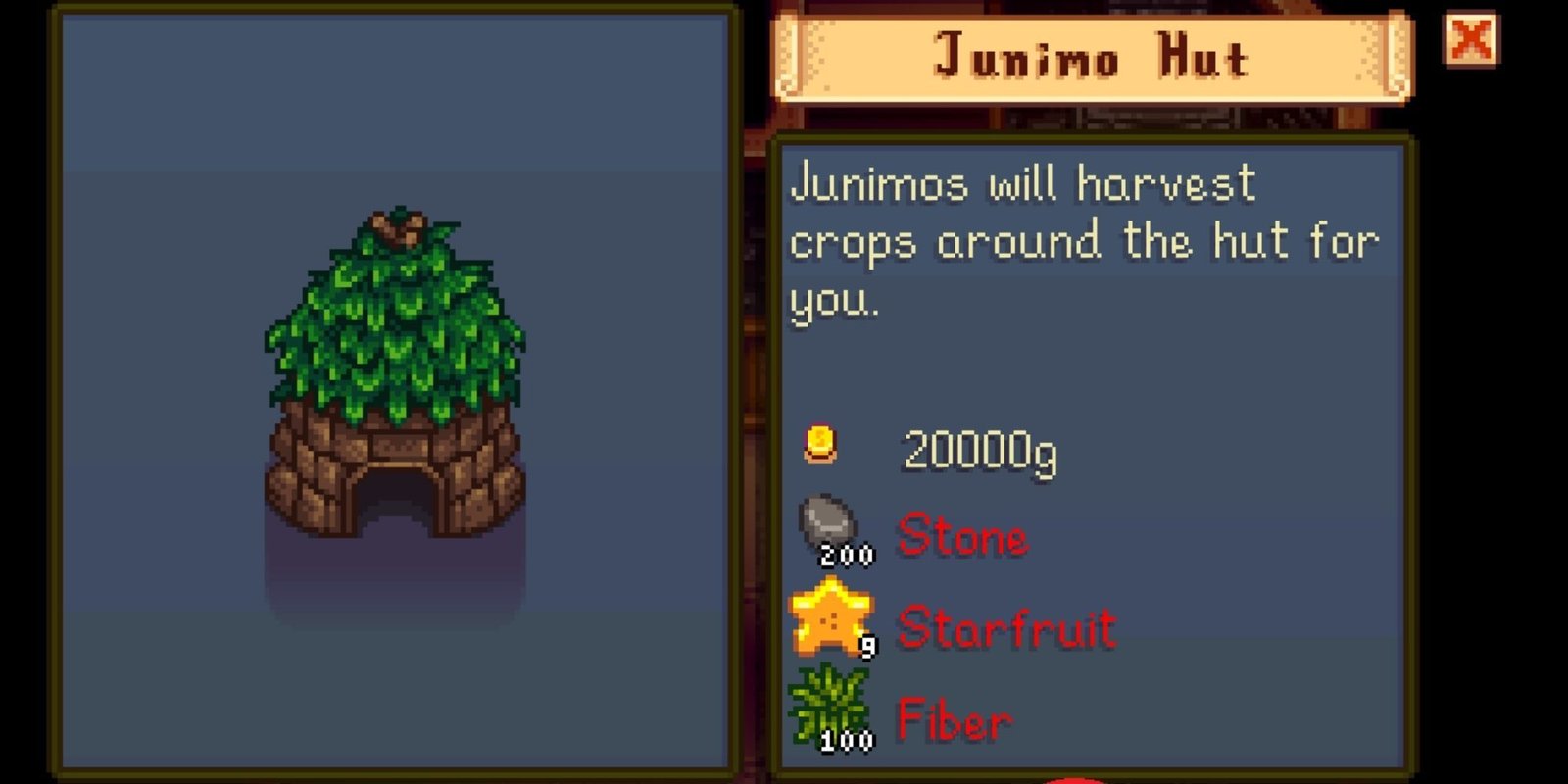 Stardew Valley, Junimo Huts building menu in the Wizard Tower