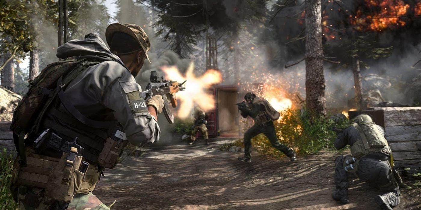 Multiple soldiers shooting at each other in a forest from Call of Duty: Modern Warfare.