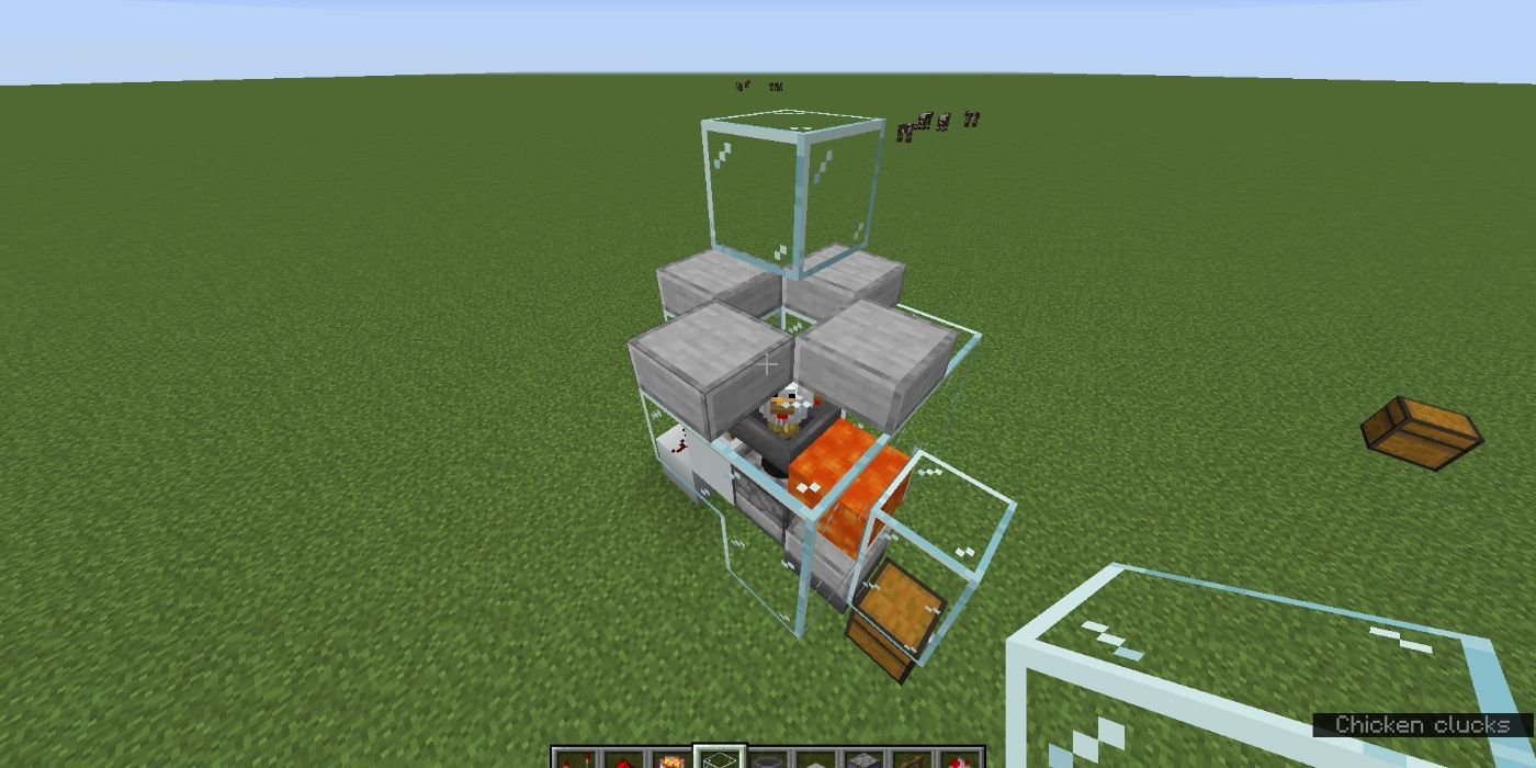The top of a cooked chicken farm in Minecraft, showing slabs used to stop movement. 