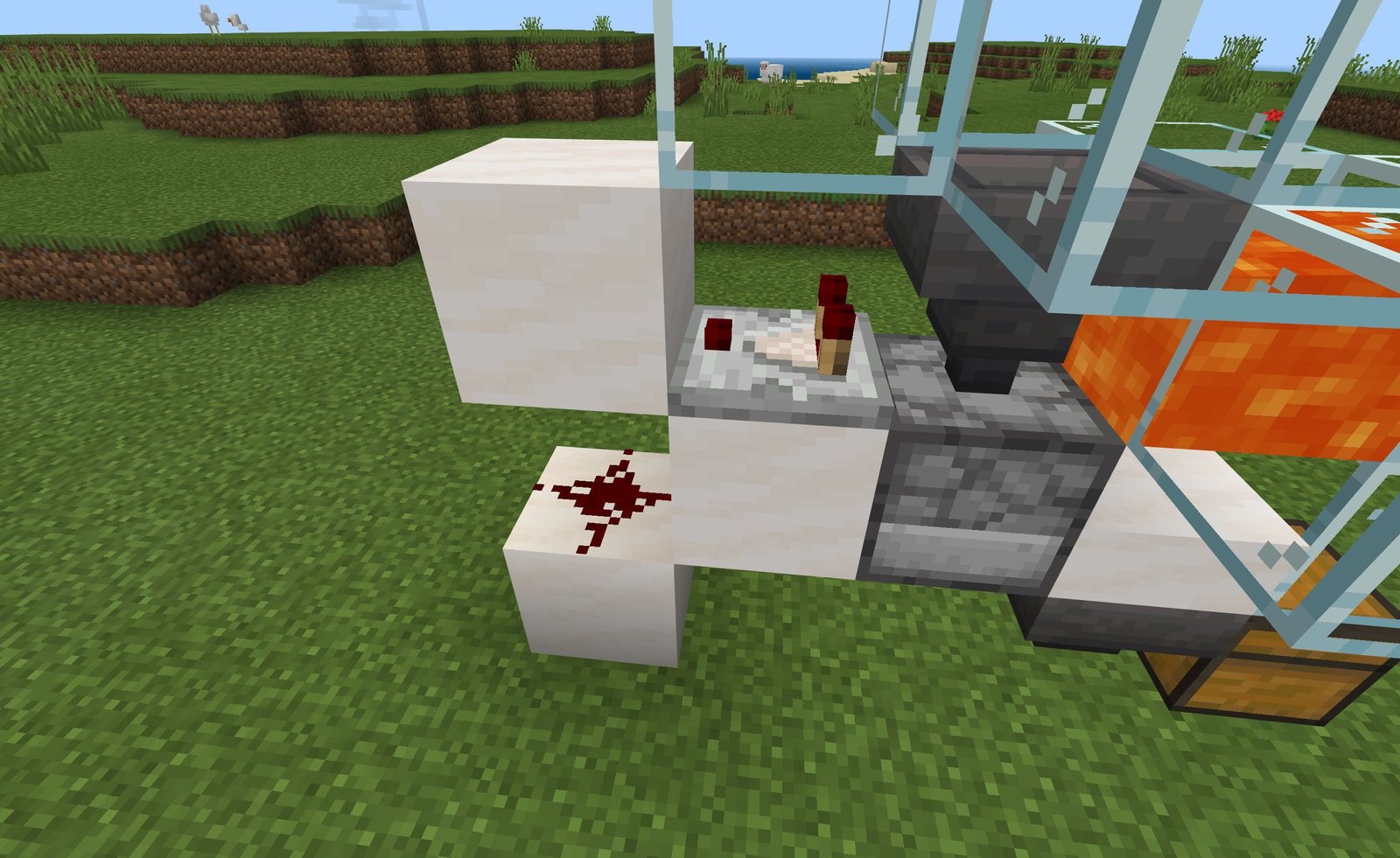 The redstone portion of a cooked chicken farm in Minecraft. 