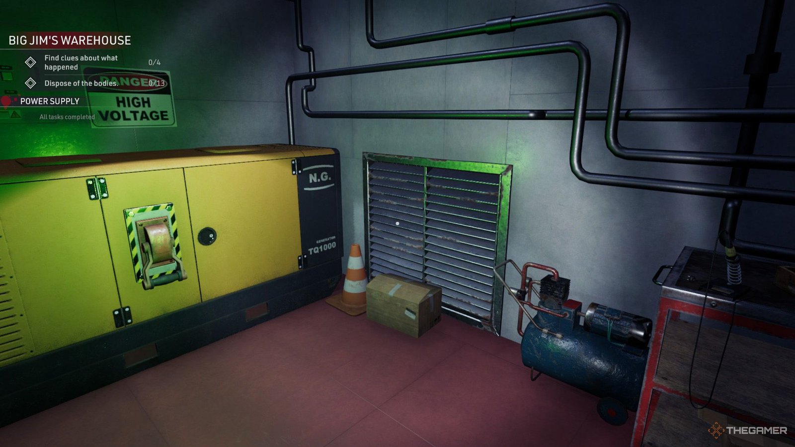 Kovalsky is looking at the vent shaft cover next to the generator in Crime Scene Cleaner.