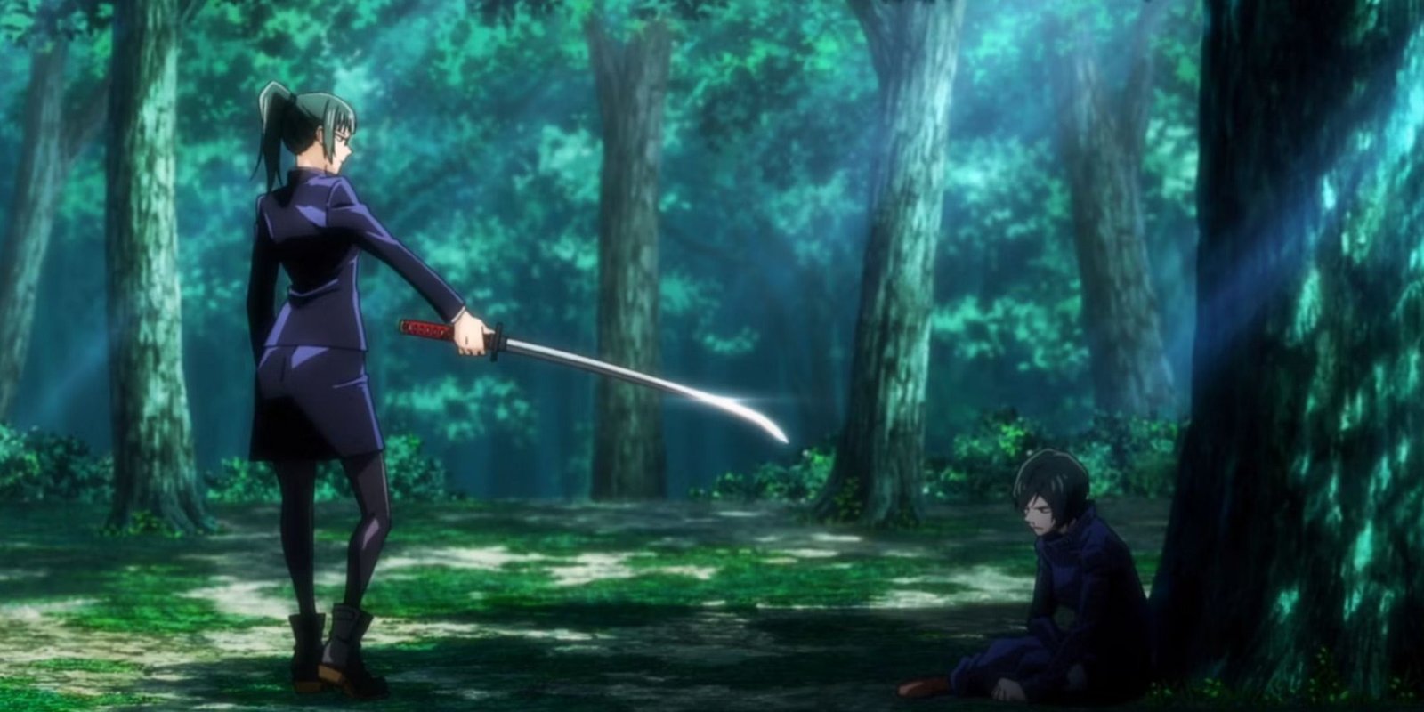 Maki pointing her sword at Mai in Jujutsu Kaisen.