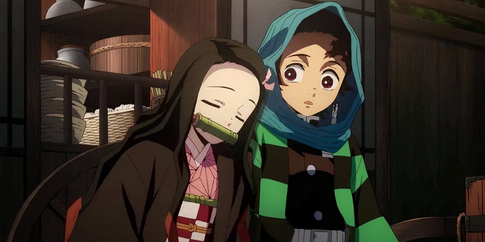 Nezuko sleeping on Tanjiro's shoulder in Demon Slayer.